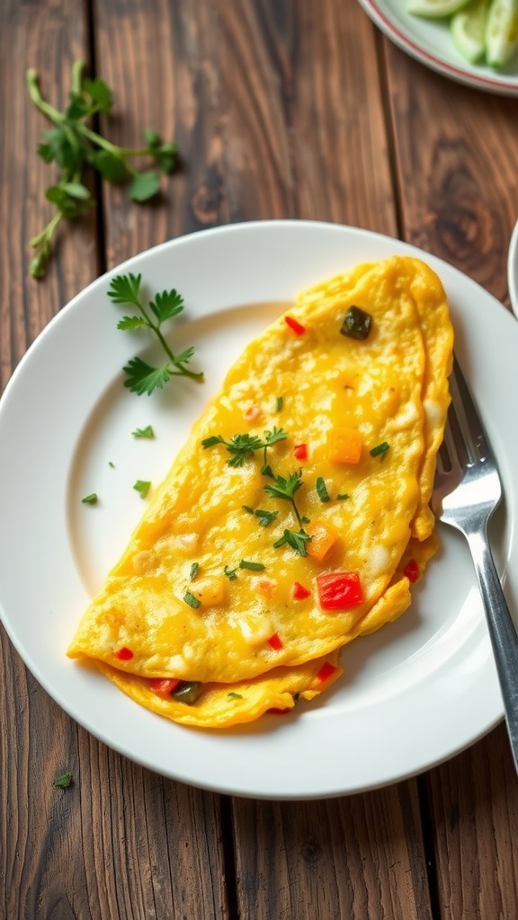 Fluffy 2-egg omelette filled with cheese and vegetables on a white plate with herbs.